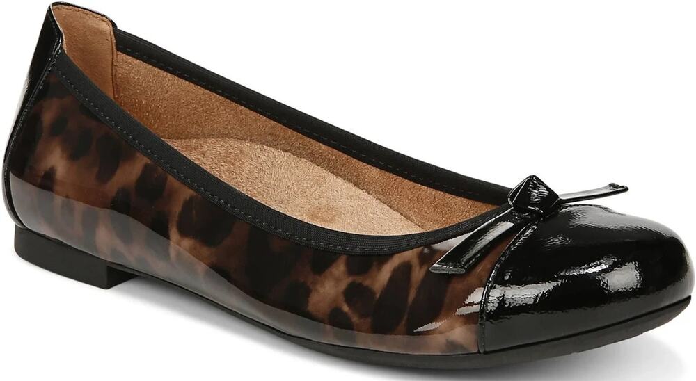 NEW Vionic Amorie Womens Size 6 Patent Leather Ballet Flats Bow Leopard Print